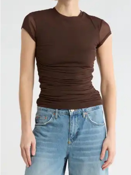 Afrm Brown Short-Sleeve Ruched Tee